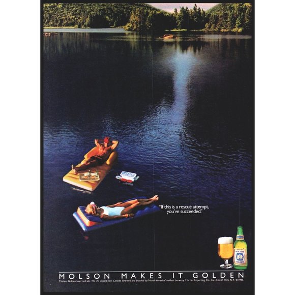 1986 Molson Golden Beer Vintage Print Ad Summer Lake Swimming Floaties Wall Art - Picture 1 of 1